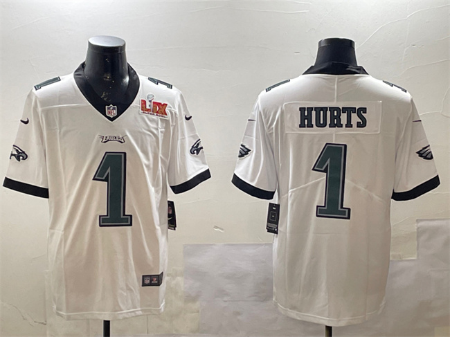 Men's White Philadelphia Eagles #1 Jalen Hurts 2025 Super Bowl LIX Patch Vapor Untouchable Limited Stitched Football Jersey